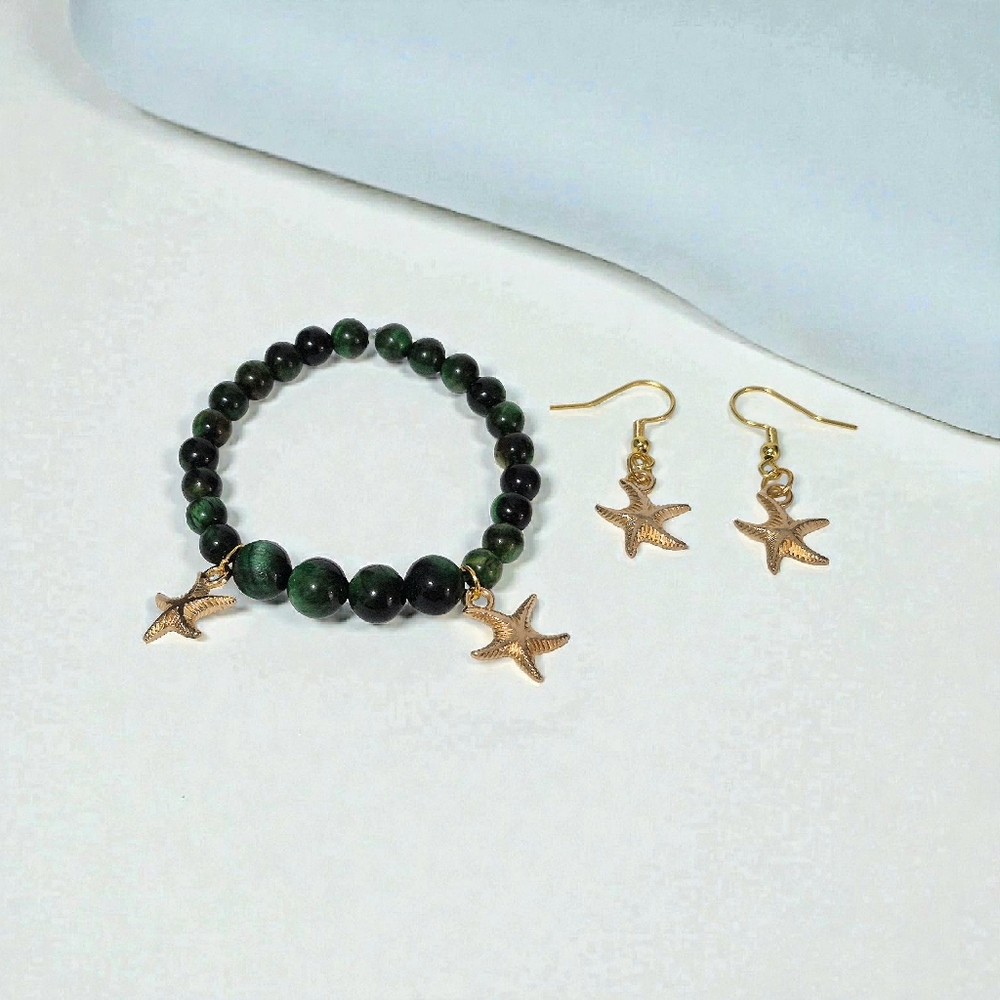 Handcrafted Green Tigers Eye Bracelet And Earring Set